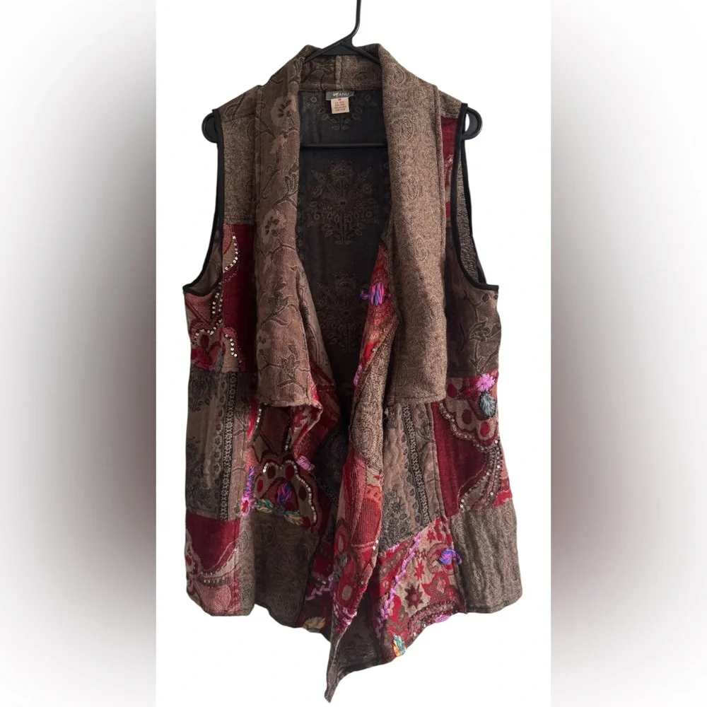 Anu Bohemian Brown Patchwork Draped Sleeveless Boho Vest Cardigan Size Medium - Picture 5 of 8